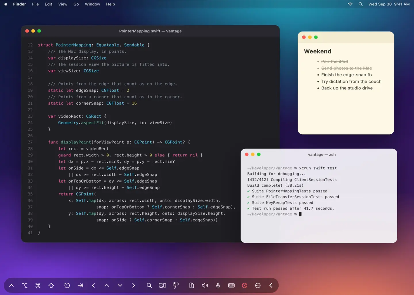 Casement on iPad controlling a Mac desktop with a code editor, notes, and terminal open, and the control strip along the bottom