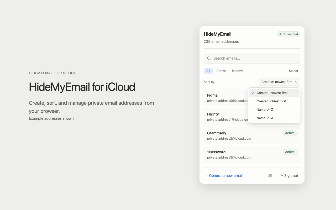 HideMyEmail 1.2.0 in light mode with its creation-date and alphabetical sorting menu open; example addresses shown