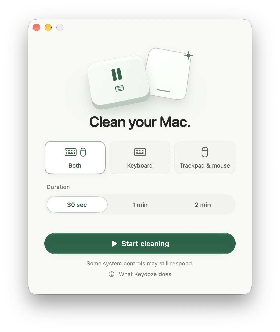 Keydoze on macOS with input scope controls, a short cleaning timer, and a Start cleaning button