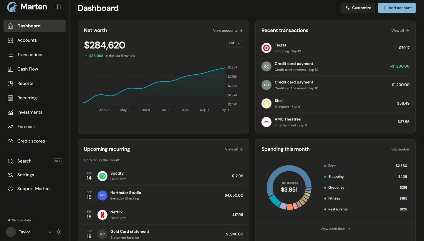 The Marten dashboard for a fictional household, with net worth over time, recent transactions, upcoming bills, and spending this month