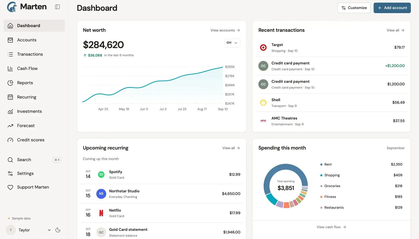 The Marten dashboard for a fictional household, with net worth over time, recent transactions, upcoming bills, and spending this month