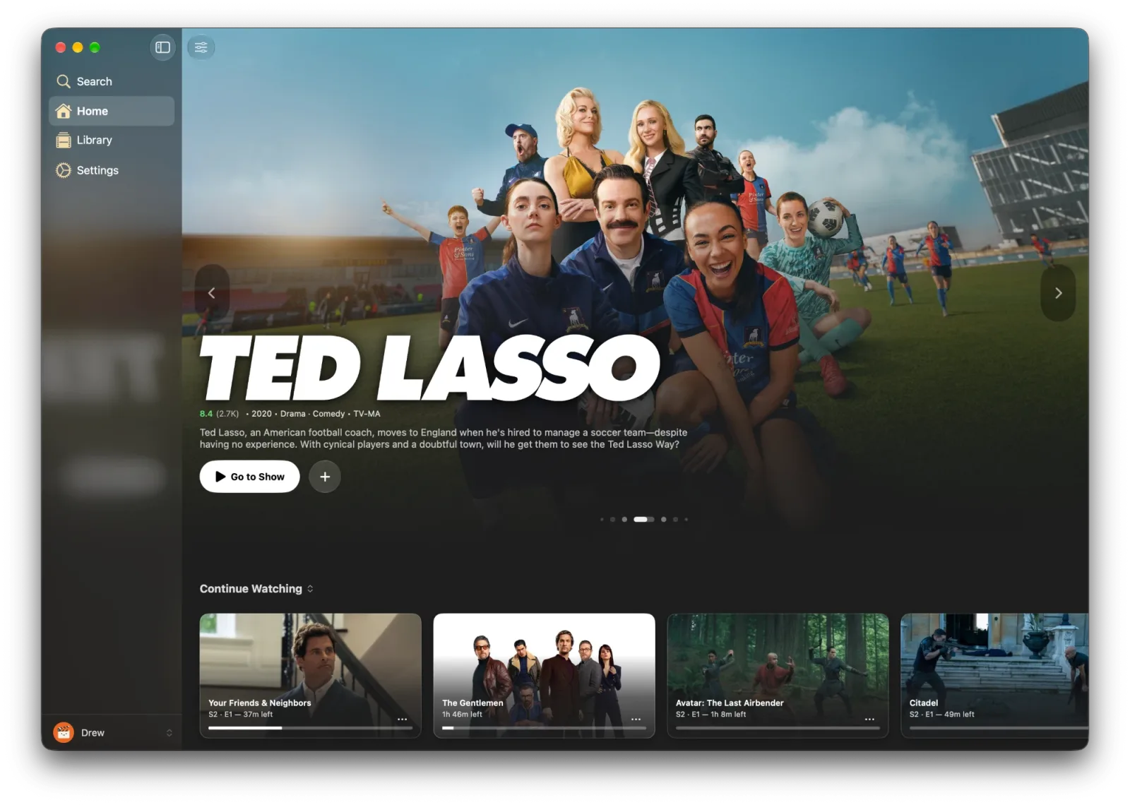 Vesper on macOS showing a featured Ted Lasso hero with a Continue Watching shelf below